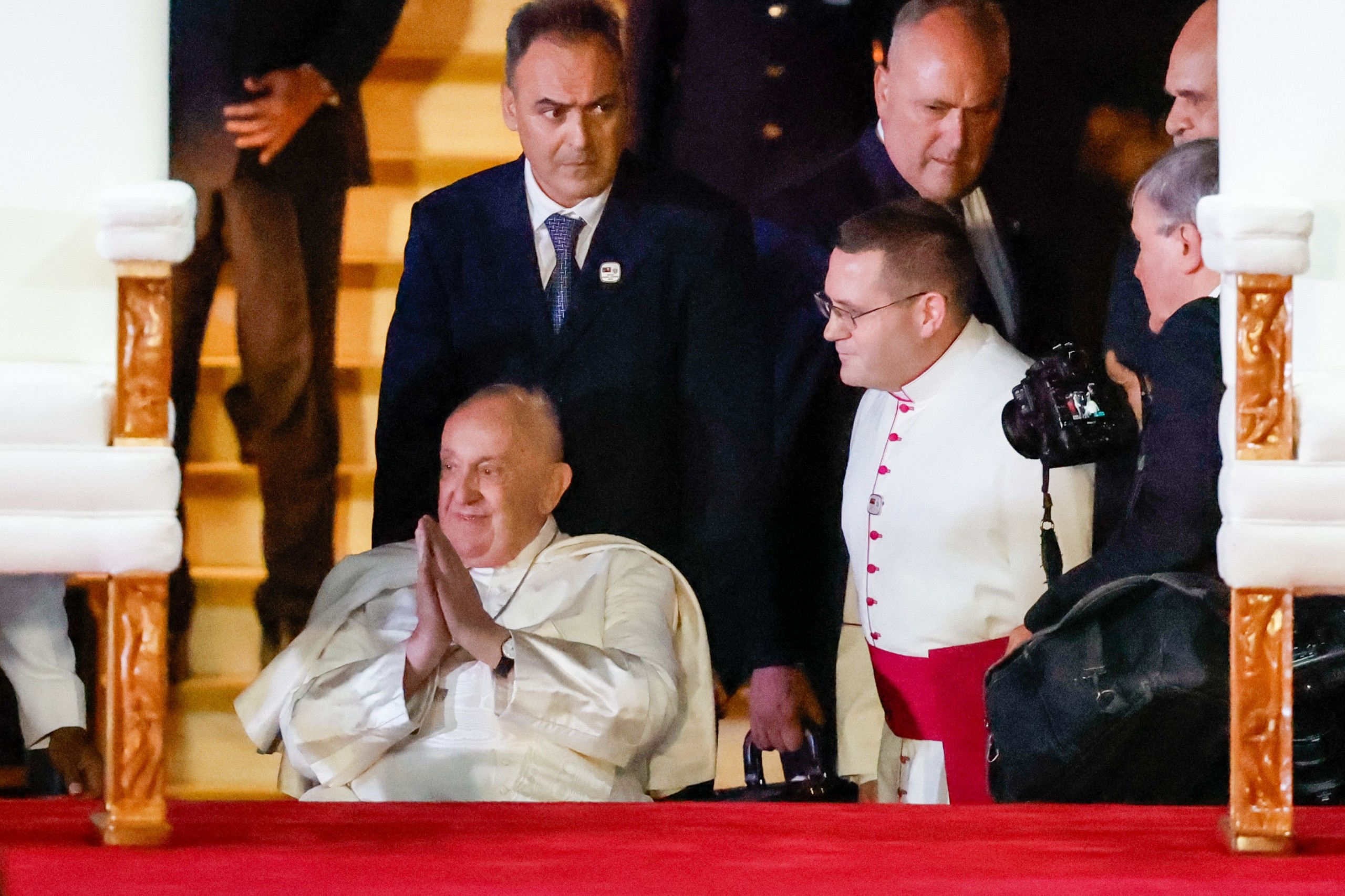 Pope Francis during the official welcome ceremony in Port Moresby, Papua New Guinea,