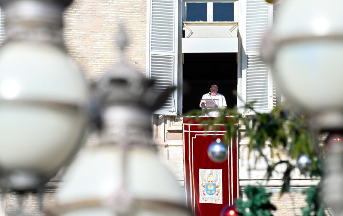 On the feast of St. Stephen, Pope Francis speaks to visitors in St. Peter's Square gathered to pray the the Angelus on Dec. 26, 2024. (CNS photo/Vatican Media)