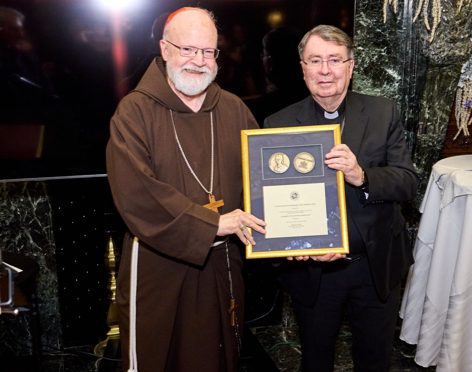 His Eminence Seán Patrick Cardinal O'Malley, O.F.M. Cap. received the first-ever Blessed Pauline Jaricot Distinguished Catholic Philanthropy Medal from His Eminence Christophe Cardinal Pierre, the papal nuncio to the United States.