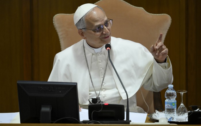 Pope Leo XIV speaks with the College of Cardinals in the New Synod Hall at the Vatican May 10, 2025, during his first formal address to the college since his election May 8. (CNS photo/Vatican Media)