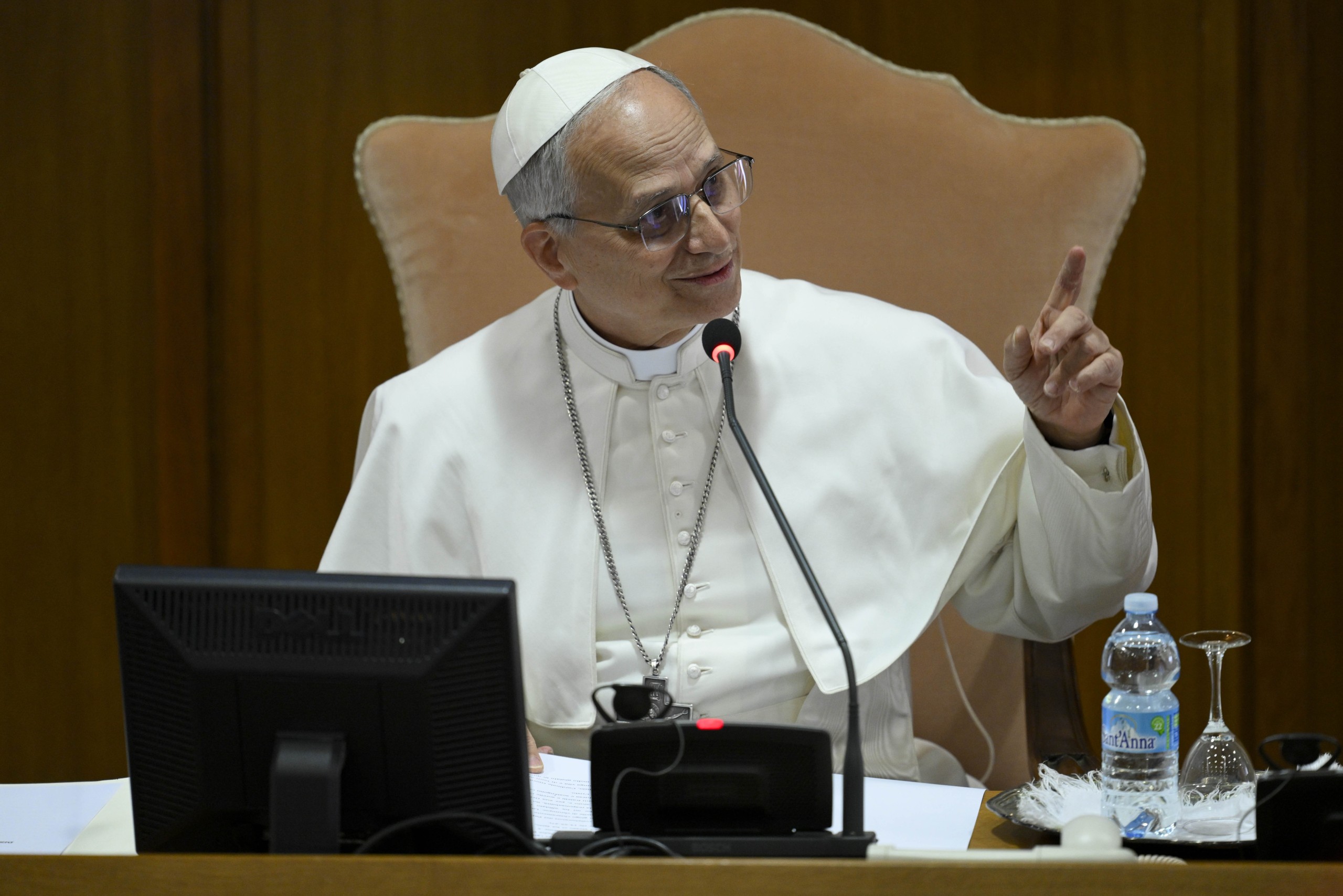 POPE LEO XIV COLLEGE OF CARDINALS Pope Leo XIV speaks with the College of Cardinals in the New Synod Hall at the Vatican May 10, 2025, during his first formal address to the college since his election May 8. (CNS photo/Vatican Media)